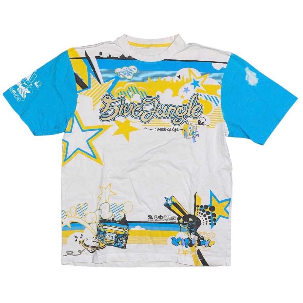 Five Jungle Walk of Life Graphic T-Shirt Mens White Blue Yellow Hip Hop Y2K Tee